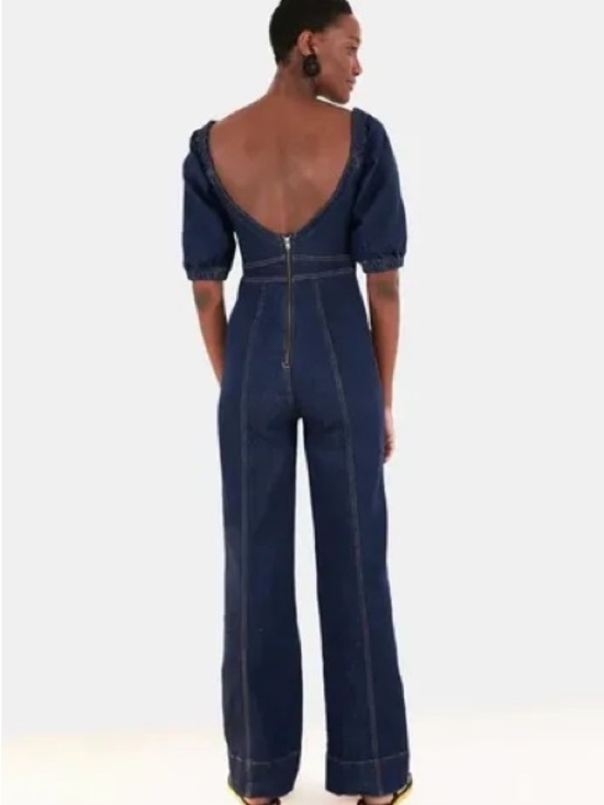 FARM Rio Pants - Farm Rio Denim Puff Sleeve Wide Leg Jumpsuit Dark Wash Size M